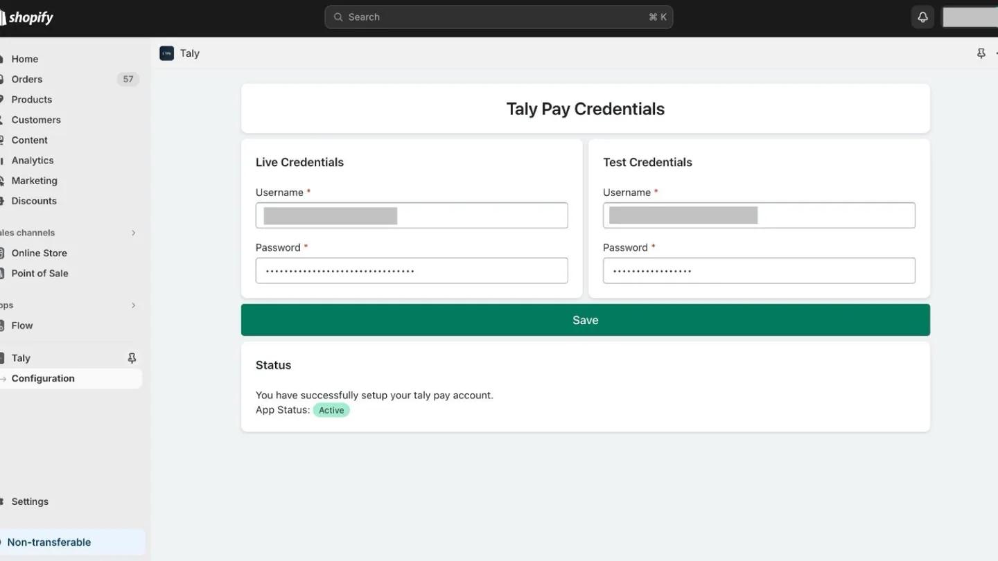 Credentials and status inside the Shopify admin
