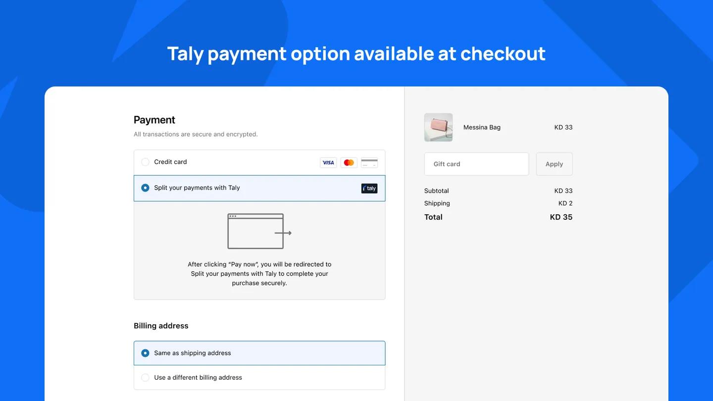 Taly as a payment option in Shopify checkout